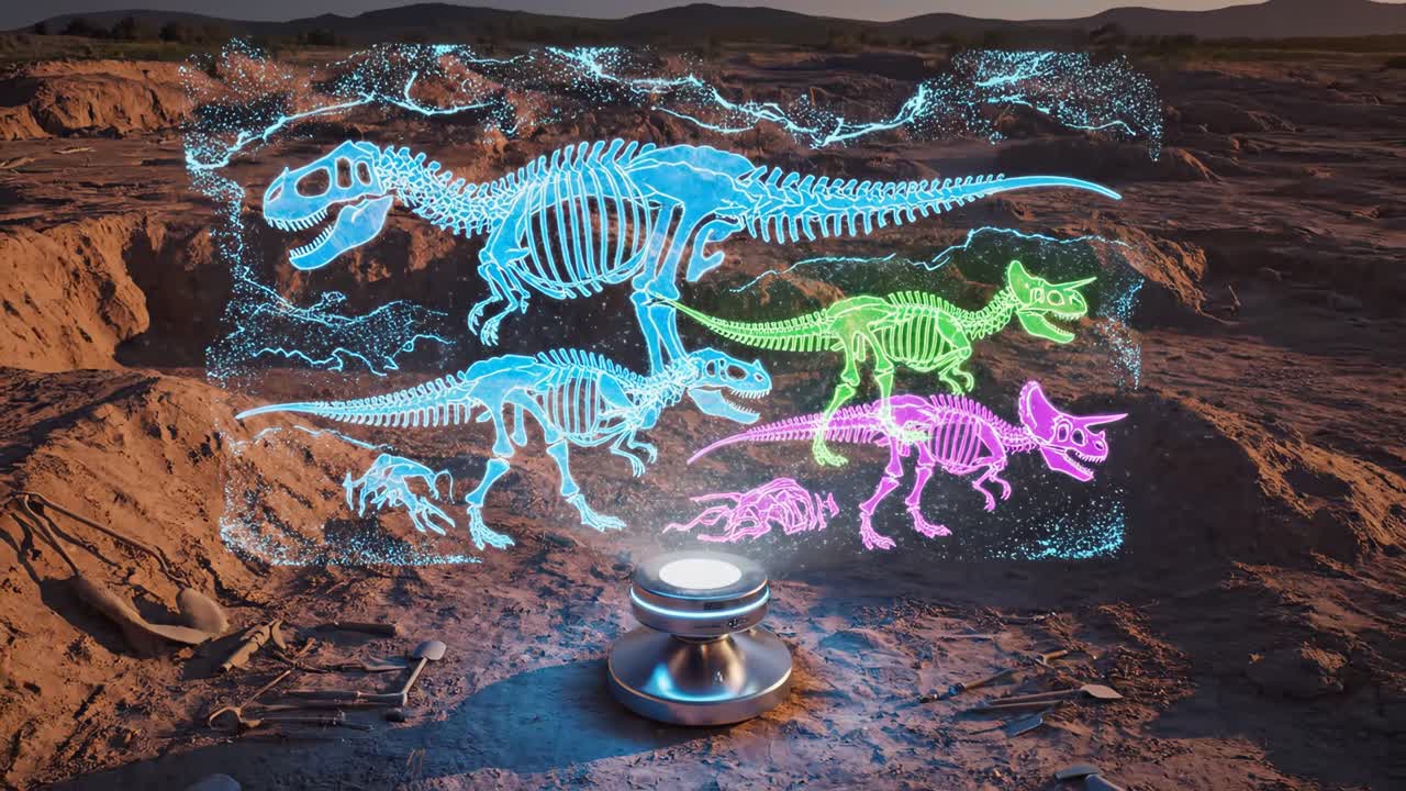 Holographic Dinosaur Skeletons Displayed in an Arid Landscape