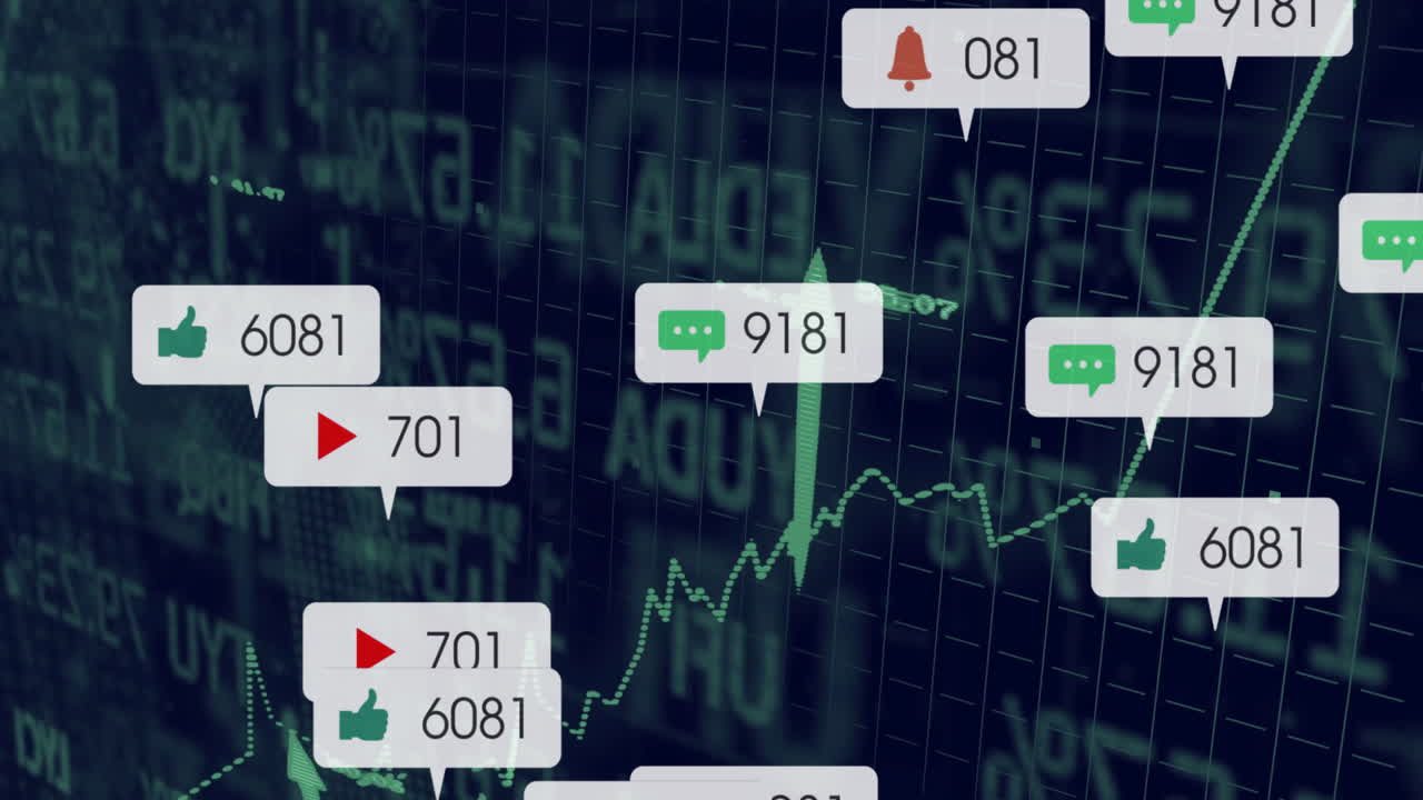 Floating social media icons over green financial chart, showing numeric comment like view counts