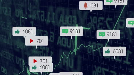 floating social media icons over green financial chart, showing numeric comment like view counts