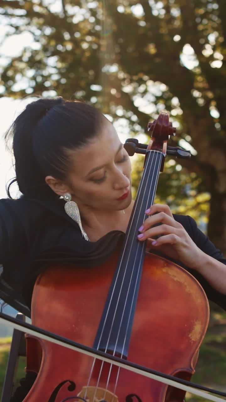 Performing classical music in the mountainous area. Young adult female player wearing gorgeous black dress at nature backdrop in blur. Vertical video
