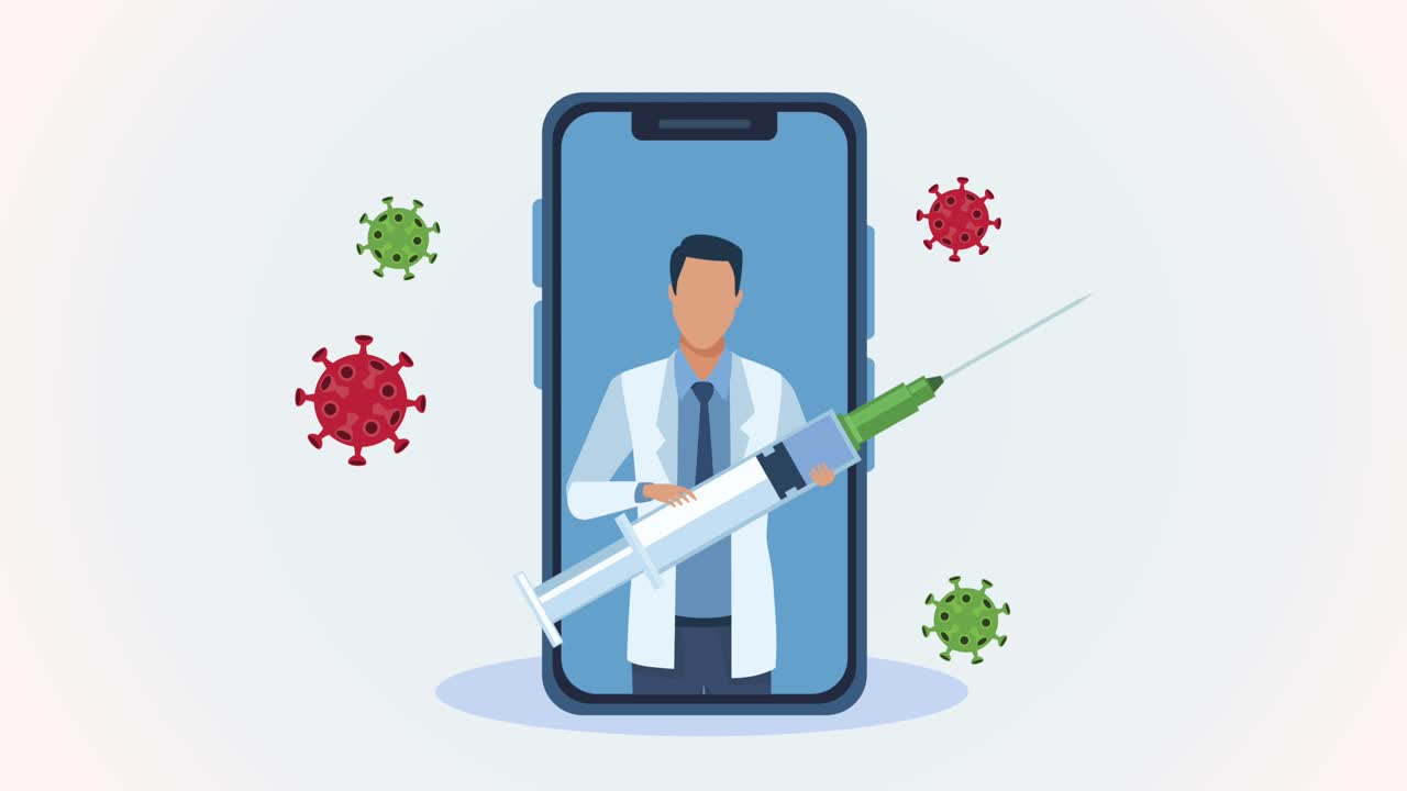 partículas del virus covid-19 con el médico levantando la vacuna en el teléfono inteligente