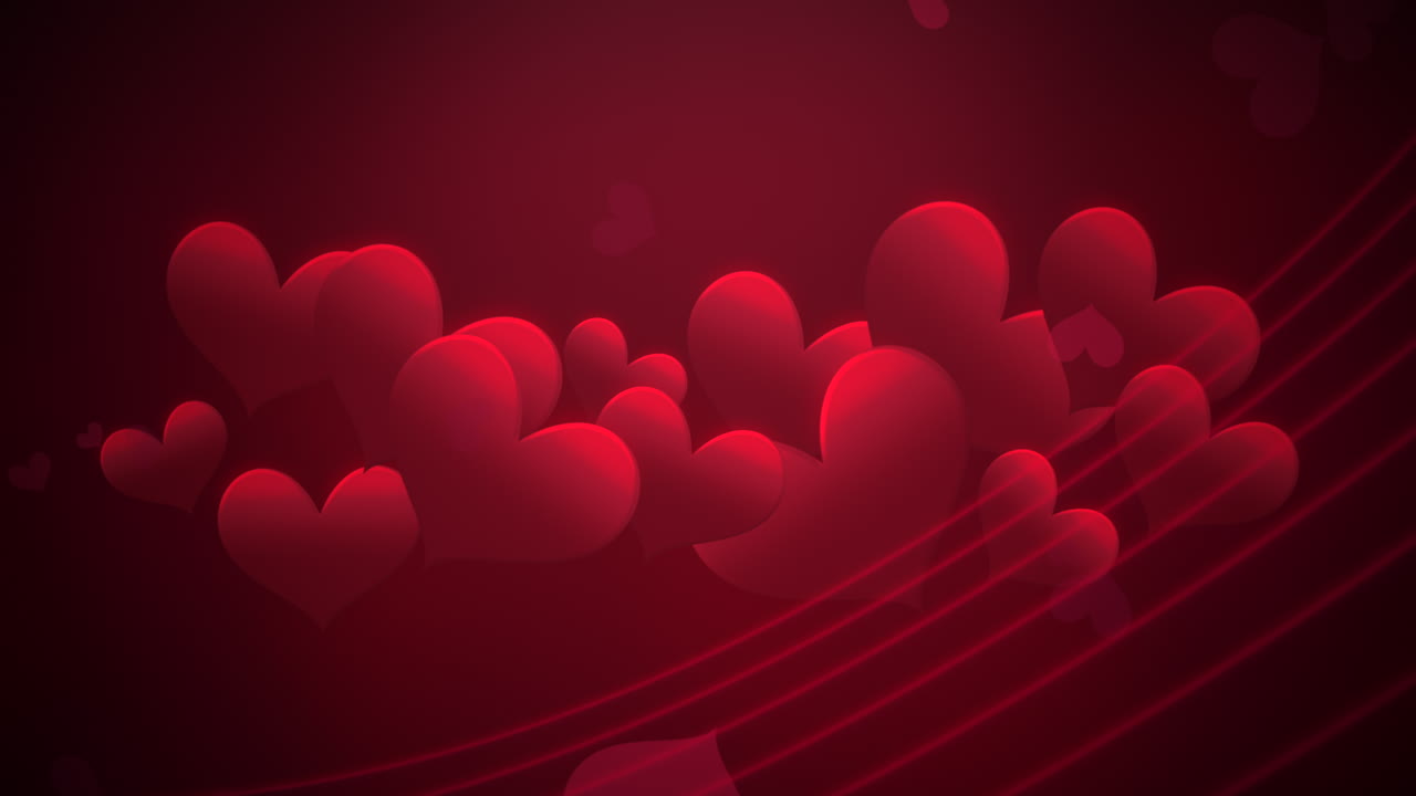 animación movimiento de primer plano pequeños corazones románticos y líneas abstractas sobre fondo rojo brillante del día de san valentín
