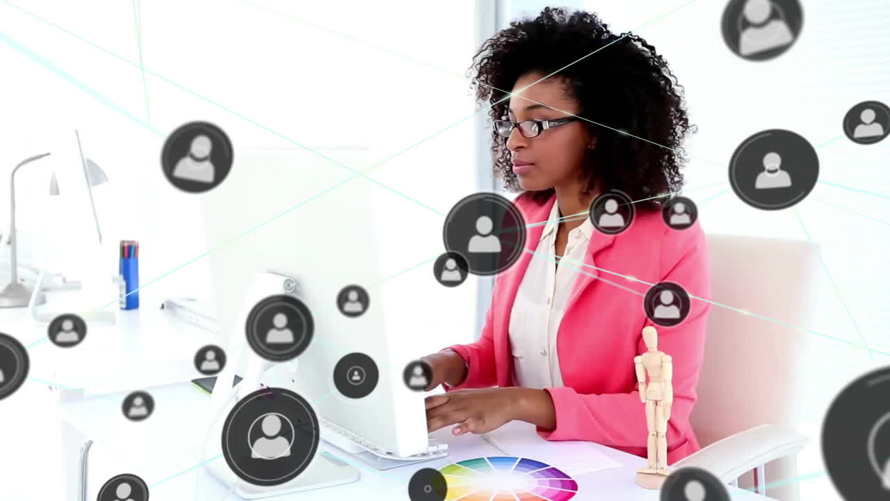 Animation of network of connections with people icons over african american businesswoman