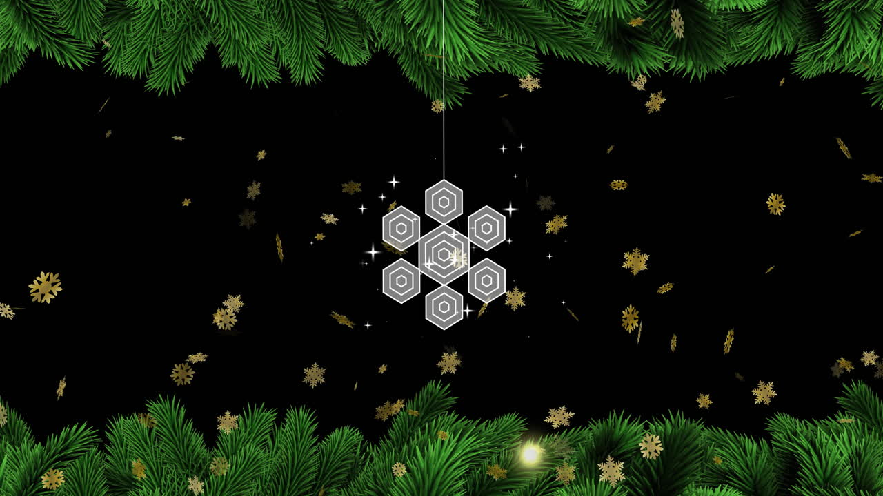 Snowflakes and hexagonal ornament animation over pine branches for Christmas decorations