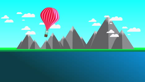 red hot-air balloon traveling over mountains - cartoon