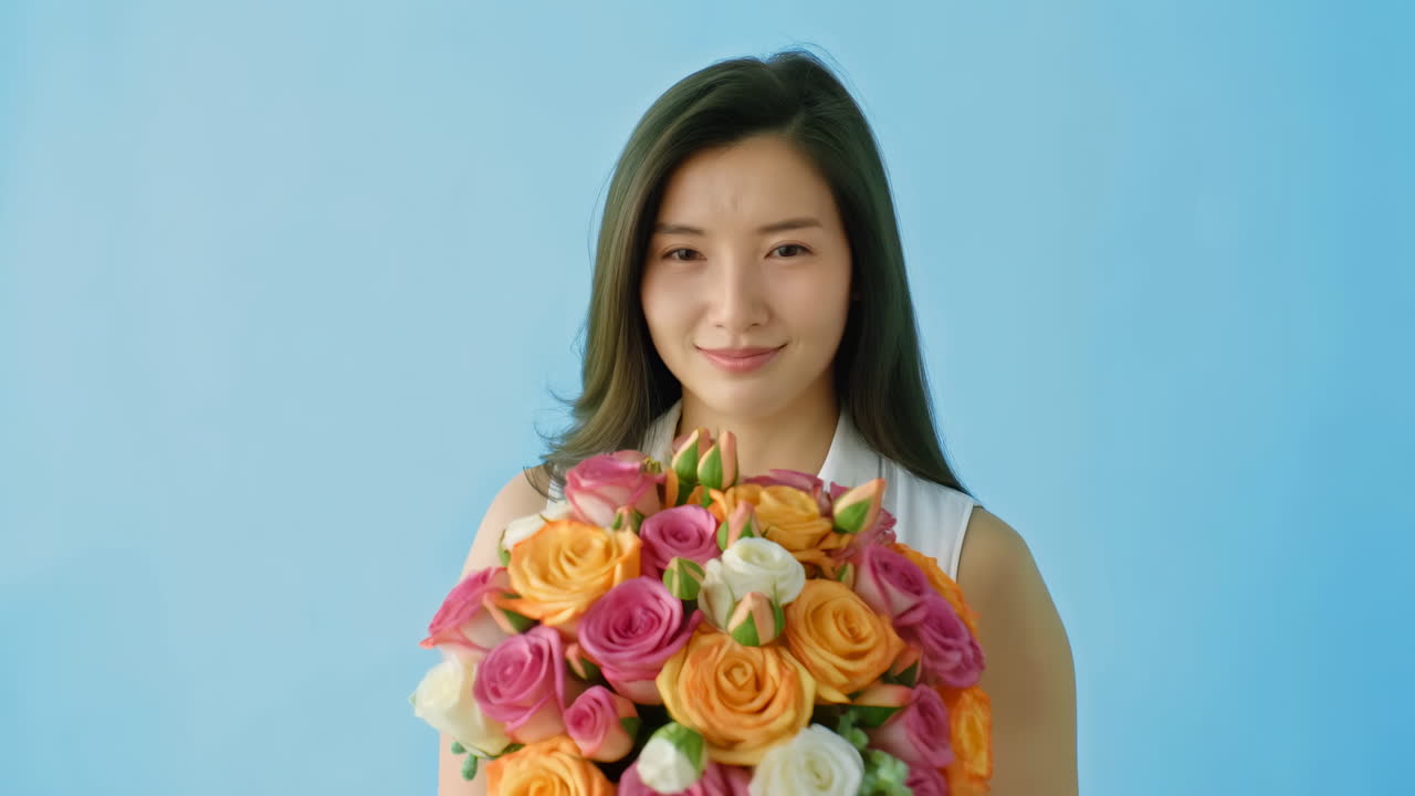 알록달록한 장미 꽃다발 향기를 맡고 있는 젊은 아시아 여성