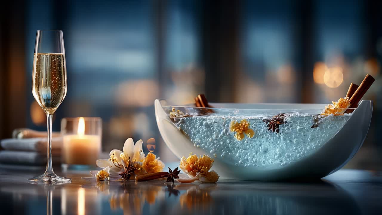 A Serene Spa Retreat: Luxurious Bath with Bubbles, Elegant Flute of Sparkling Beverage, Candles, and Beautiful Floral Accents Creating a Calming Atmosphere for Ultimate Relaxation
