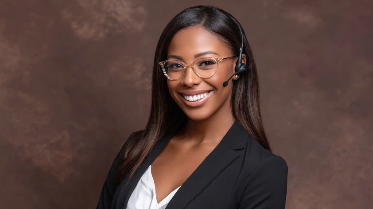 A Confident Professional Woman in Headset Posing for a Portrait, Showcasing Her Friendly Smile and Business Attire Against a Rich Brown Background