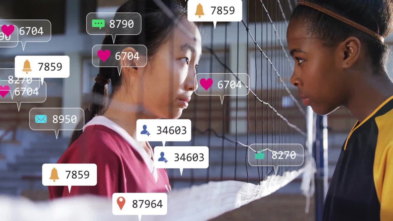 Female volleyball players facing net in gym, showing social media marketing alert icons