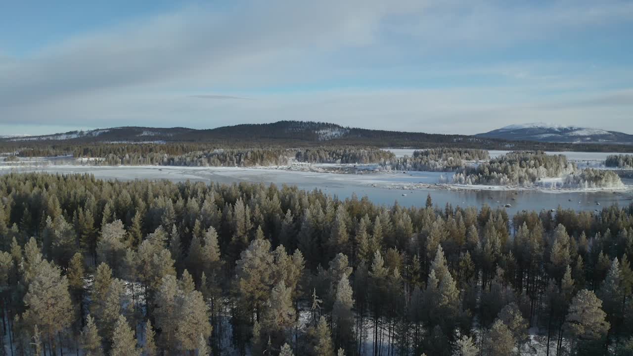 Ripresa con drone dietro i pini, con panoramica verso l'alto per rivelare laghi ghiacciati, colline e montagne nella Svezia settentrionale.