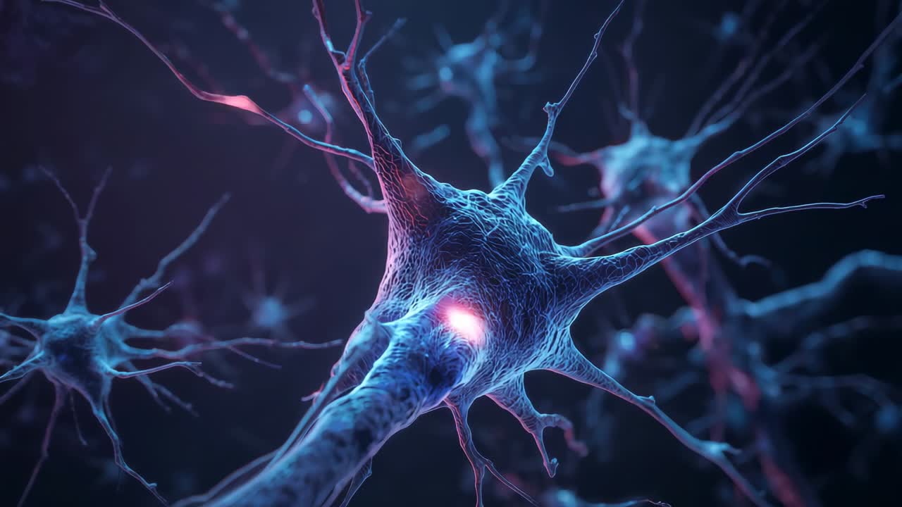 Neuron reacting to red glow initiation, sending signal via dendrite soma axon in neural tissue
