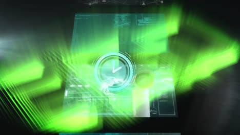 animación del reloj sobre formas verdes brillantes y procesamiento de datos
