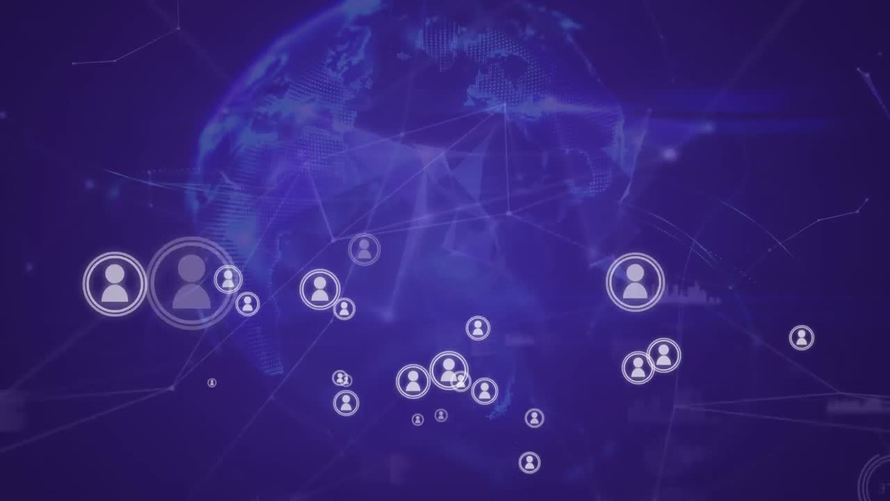 iconos de perfil y un globo con líneas y gráficos asimétricos