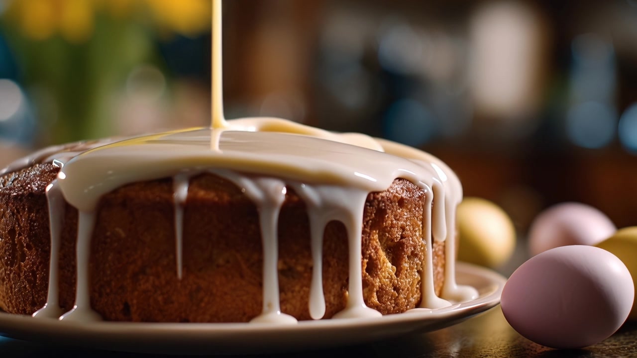 Pouring Sweet Glaze Over a Delicious Cake for Easter