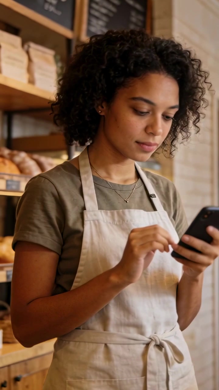 Vertical video: Tapping cafe worker reading smartphone at bakery counter, with beige apron, shelves