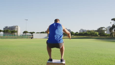 Vista-Posterior-Del-Hombre-Caucásico-En-Forma-Haciendo-Ejercicio-Al-Aire-Libre-Saltando-Sobre-La-Caja