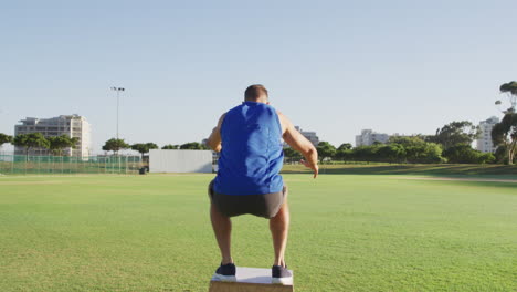 vista trasera de un hombre caucásico en forma haciendo ejercicio al aire libre saltando en una caja