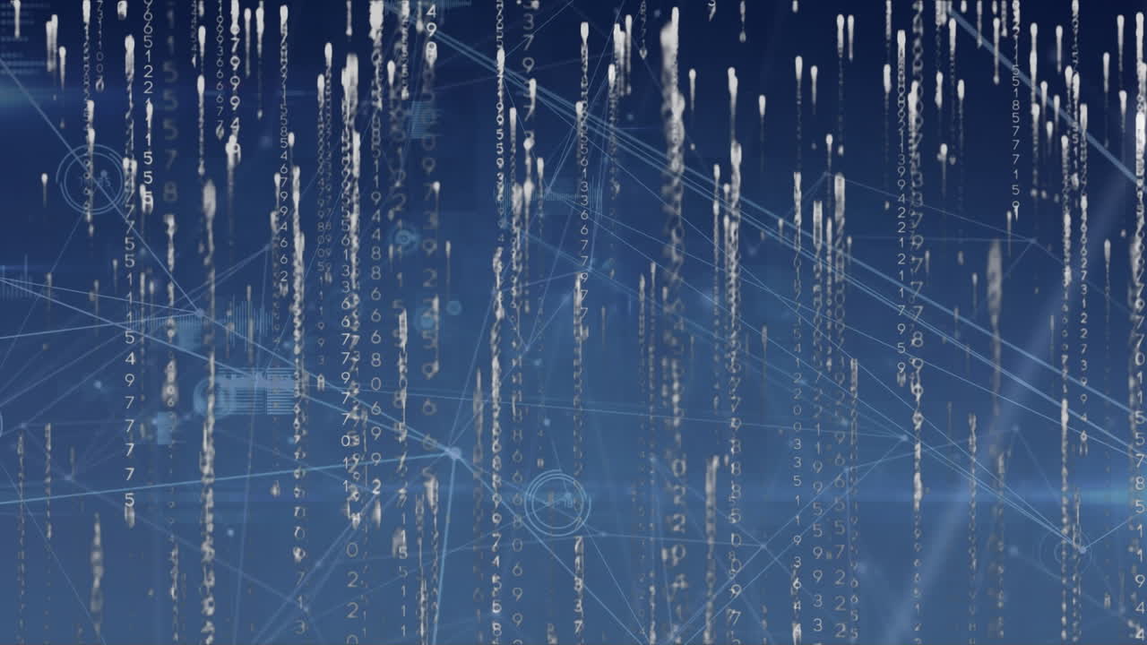 Animation of falling lights over digital data on dark blue background