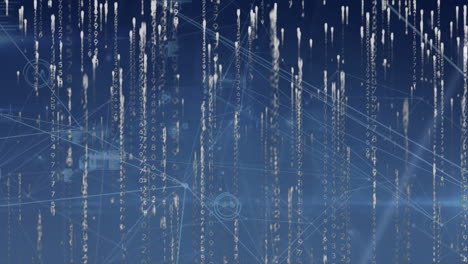 animación de luces que caen sobre datos digitales sobre un fondo azul oscuro