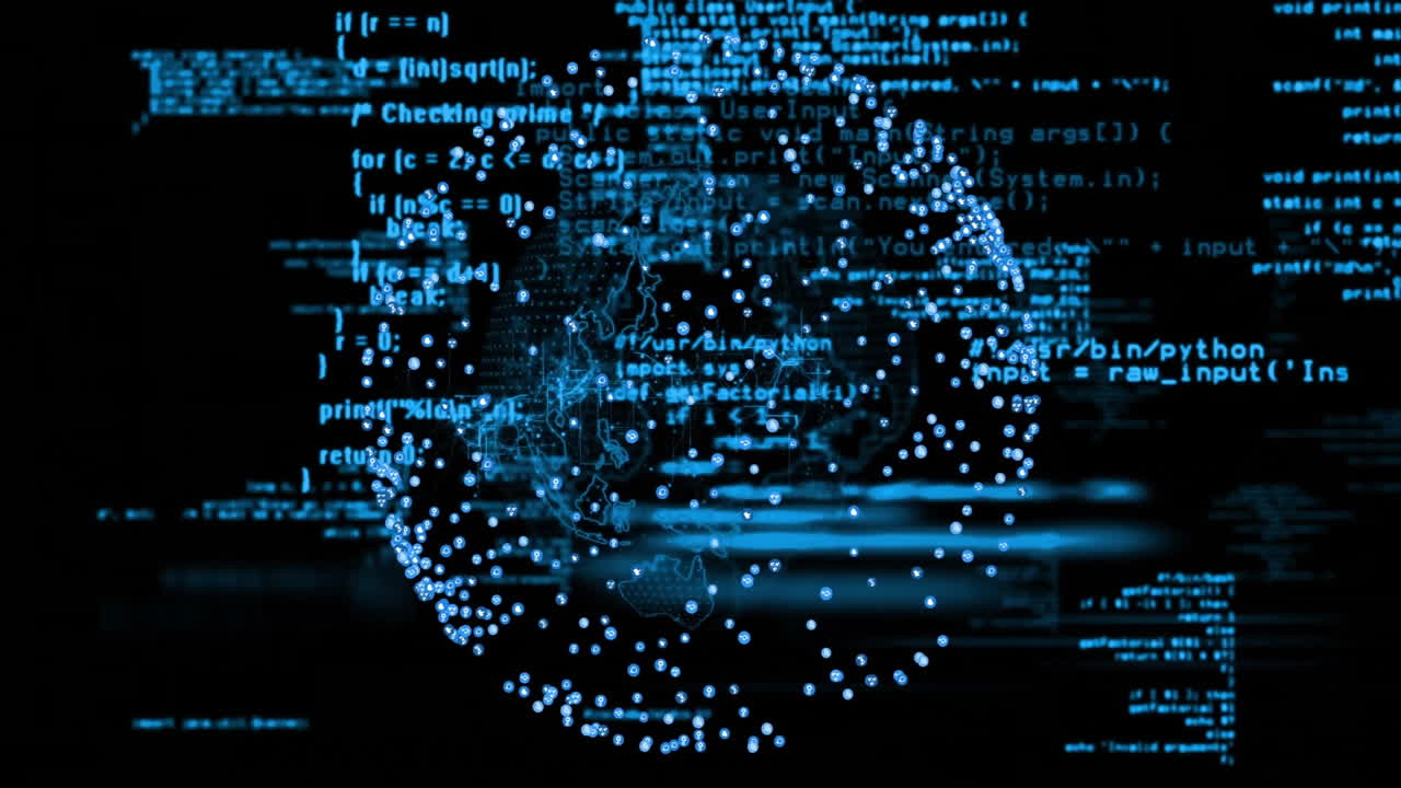 Animation of digital data processing and globe with connections over black background