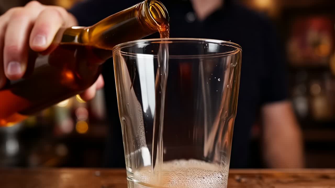Bartender che inclina una bottiglia marrone versandola in un bicchiere al bar, creando una testa spumosa per servire il cliente