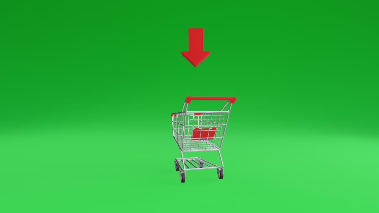 Realistic 3d loop animation of a shopping cart with full stack of product parcel box. A supermarket cart move rotate on green screen in delivery trade concept.