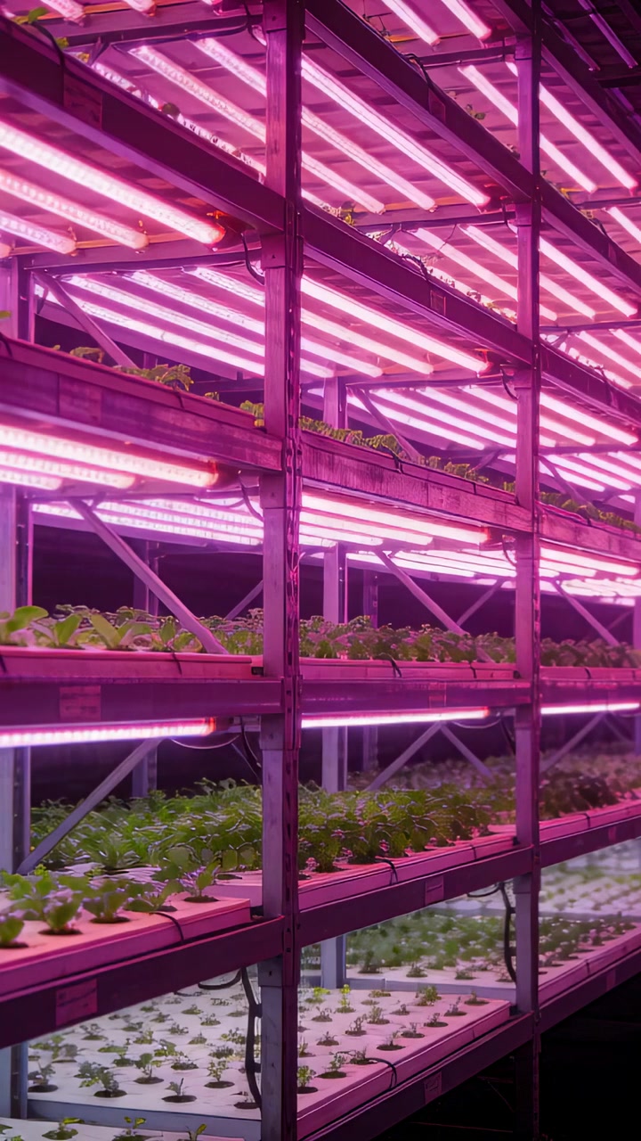 Vertikales Video: Gleitende Kamera enthüllt gestuftes Regal mit Schalen in einer vertikalen Farm unter pinken LEDs.