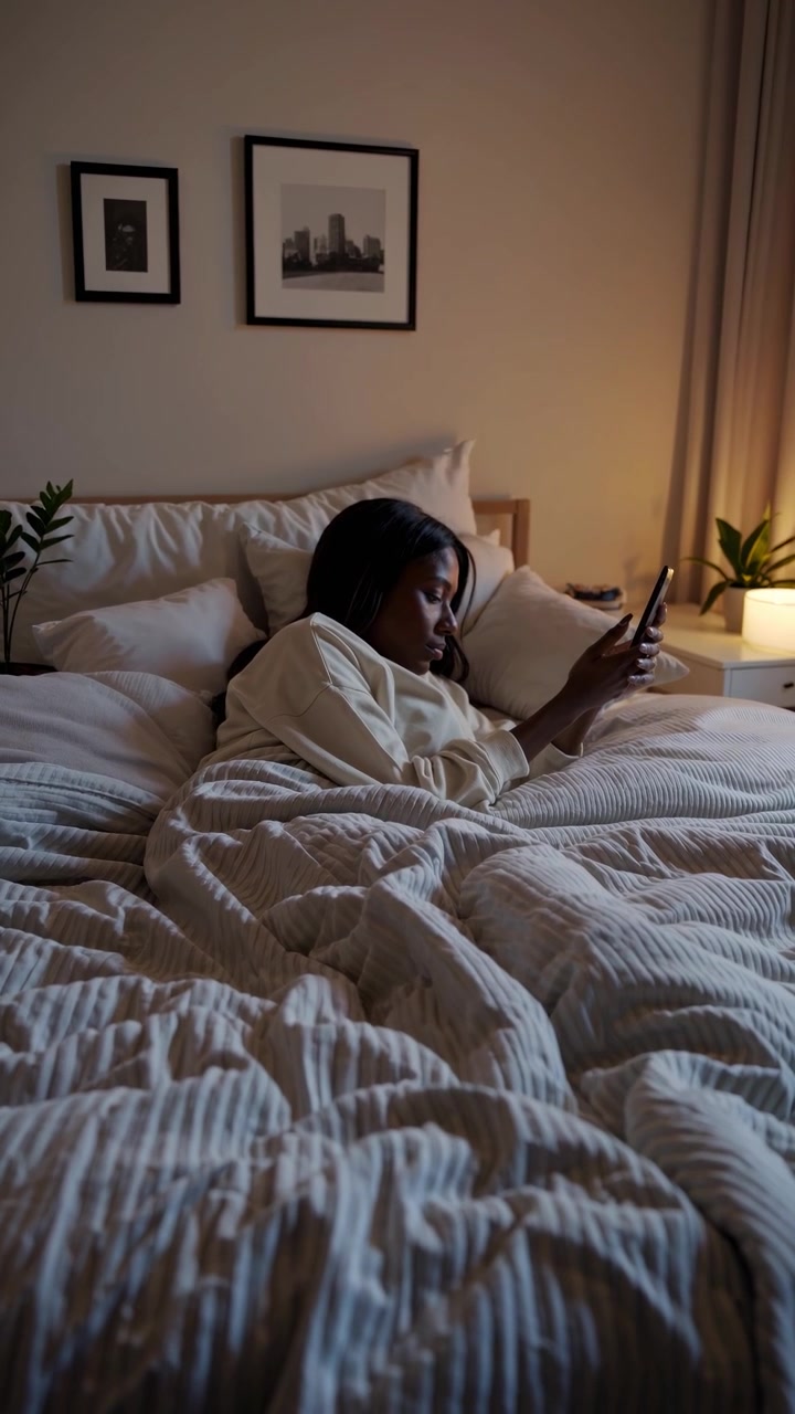 Young Woman Using Smartphone While Relaxing in Bed at Night
