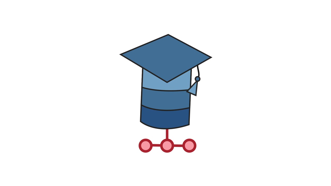 Illustrazione animata di un tocco di laurea su uno stack di dati con connessioni di rete