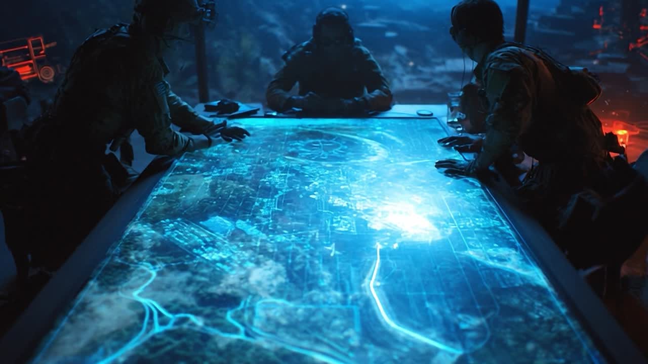 Personale militare che analizza una mappa strategica in una sala operativa high-tech