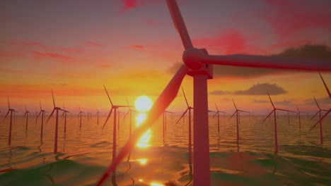 windmill park in the sea. view of windmill turbines generating green energy electric at sunset