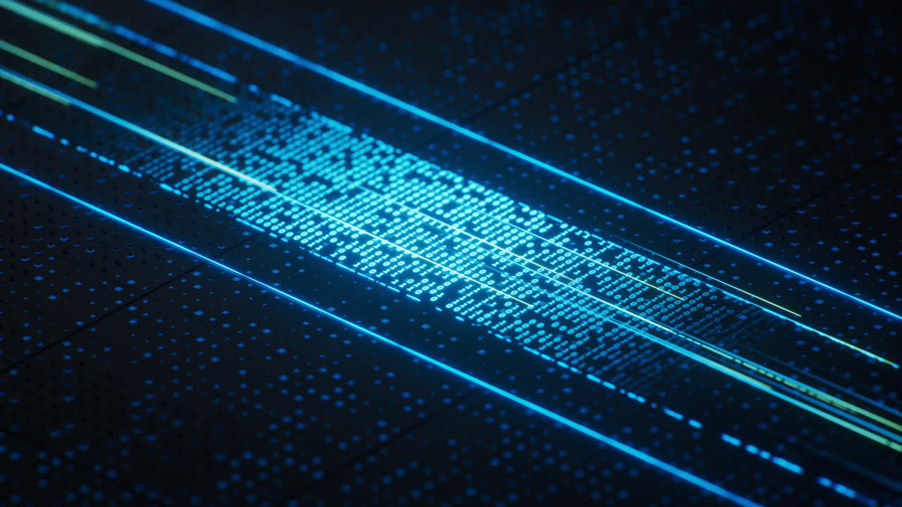Technology circuit board with glowing binary data, 3d rendering