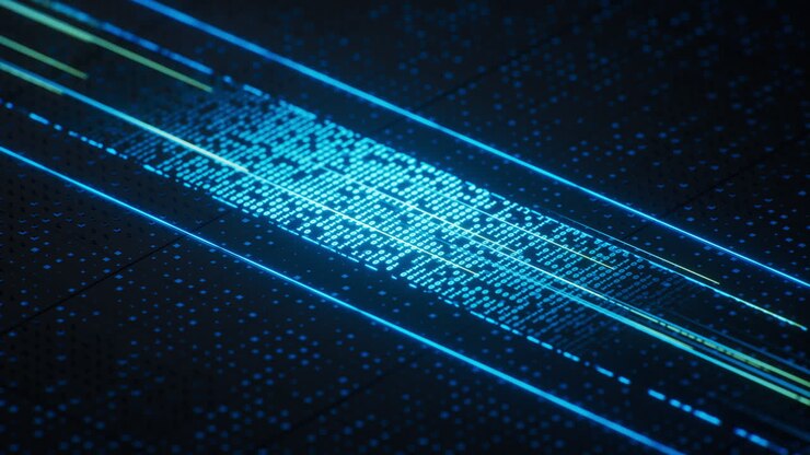 Circuito stampato tecnologico con dati binari luminosi, rendering in 3D