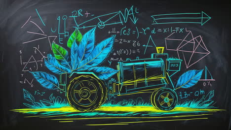 vibrant chalkboard illustration of a scientific farm machine with botanical elements