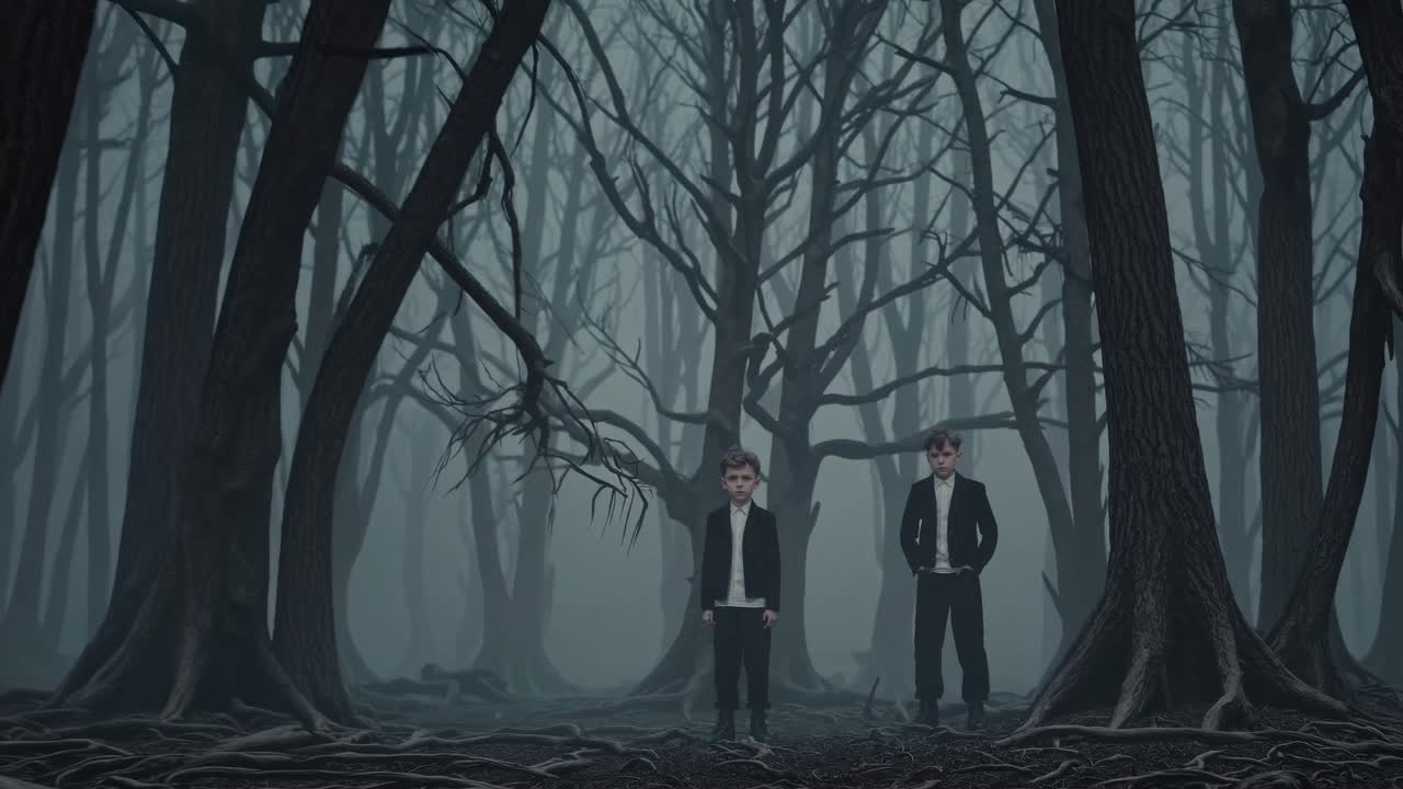 Two Boys in a Mysterious Foggy Forest