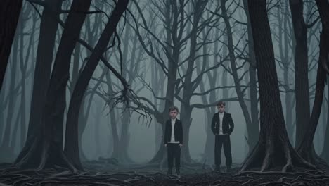 two boys in a mysterious foggy forest