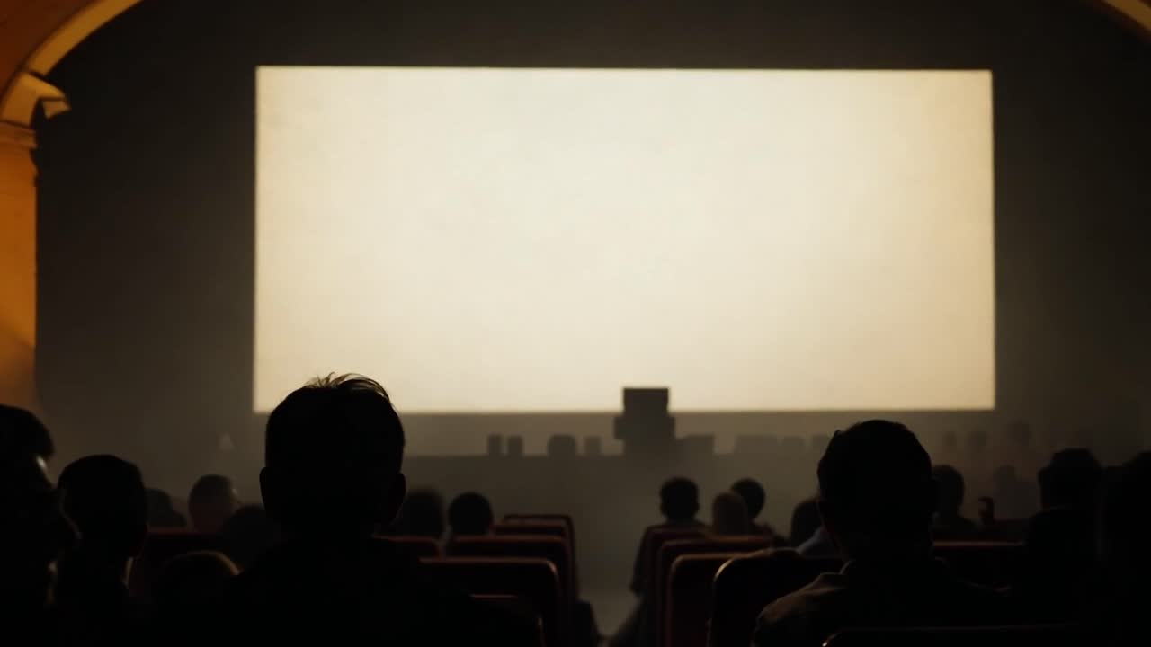 Spectators are sitting in a dark movie theater as the brightness of a blank white screen changes