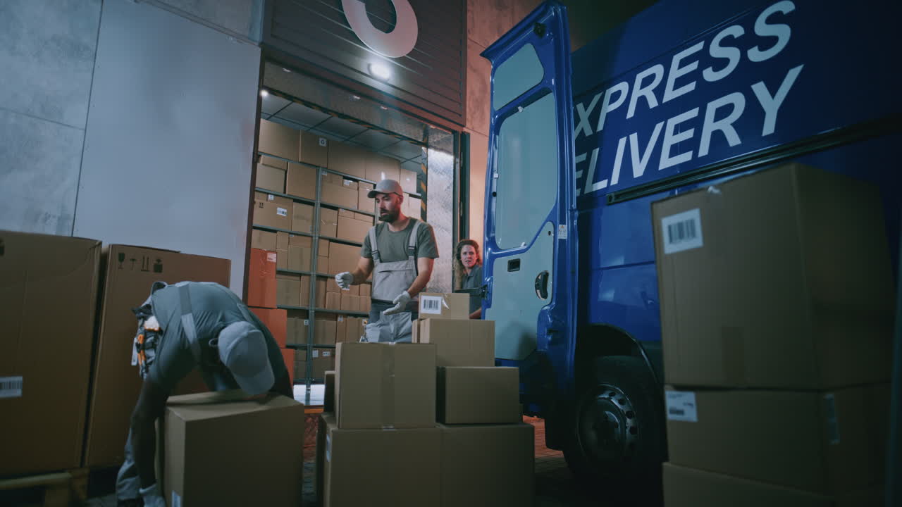 Multiethnic Workers Loading Cardboard Boxes Outside of Logistics Distribution Warehouse