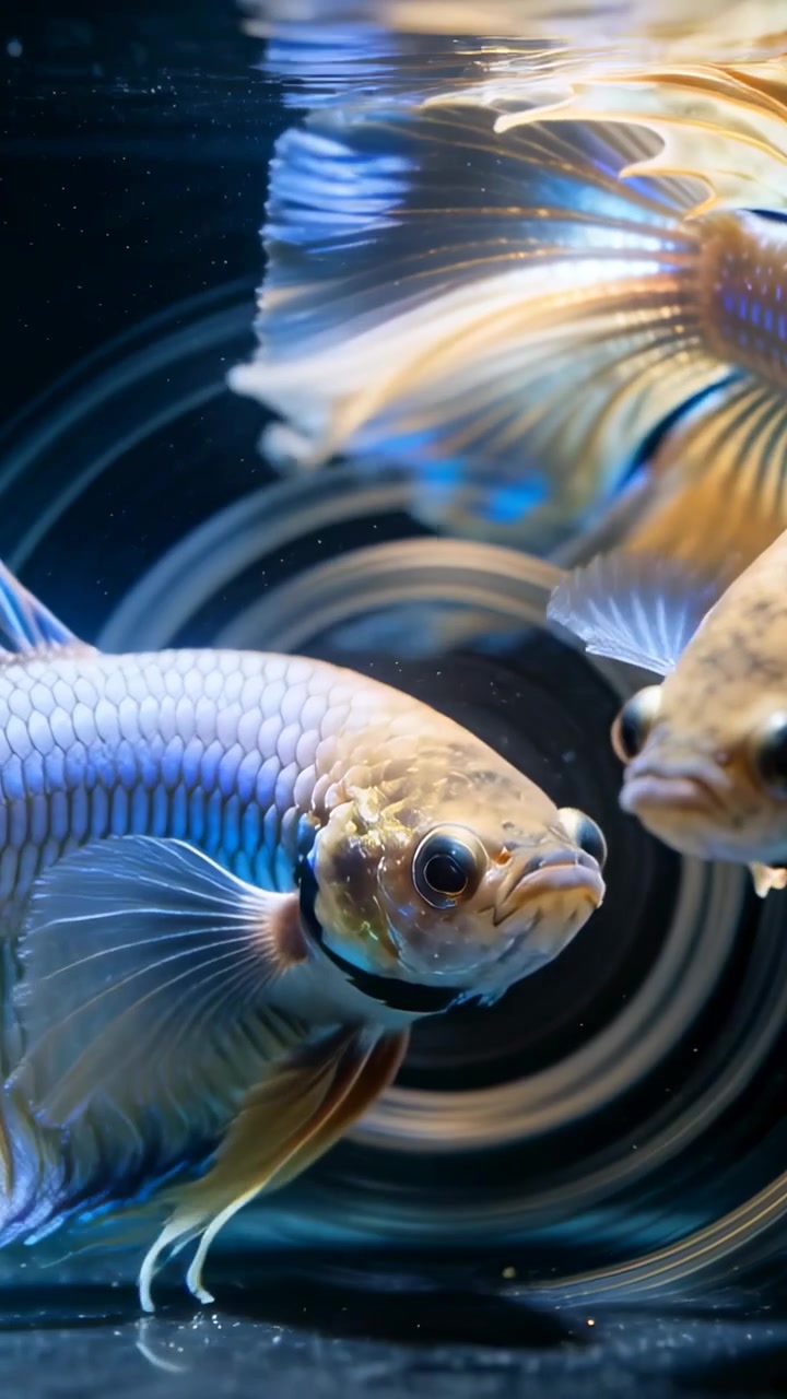 Video verticale: Due pesci Betta che si fronteggiano, con le pinne spiegate e che si avvicinano in un acquario, con uno sfondo increspato.