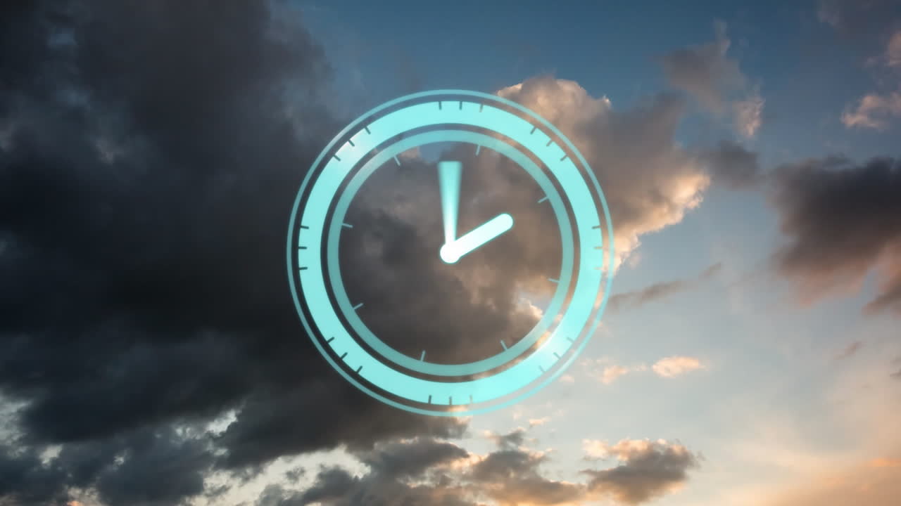 Clock animation overlay on dramatic cloudy sunset sky, creating dynamic scene