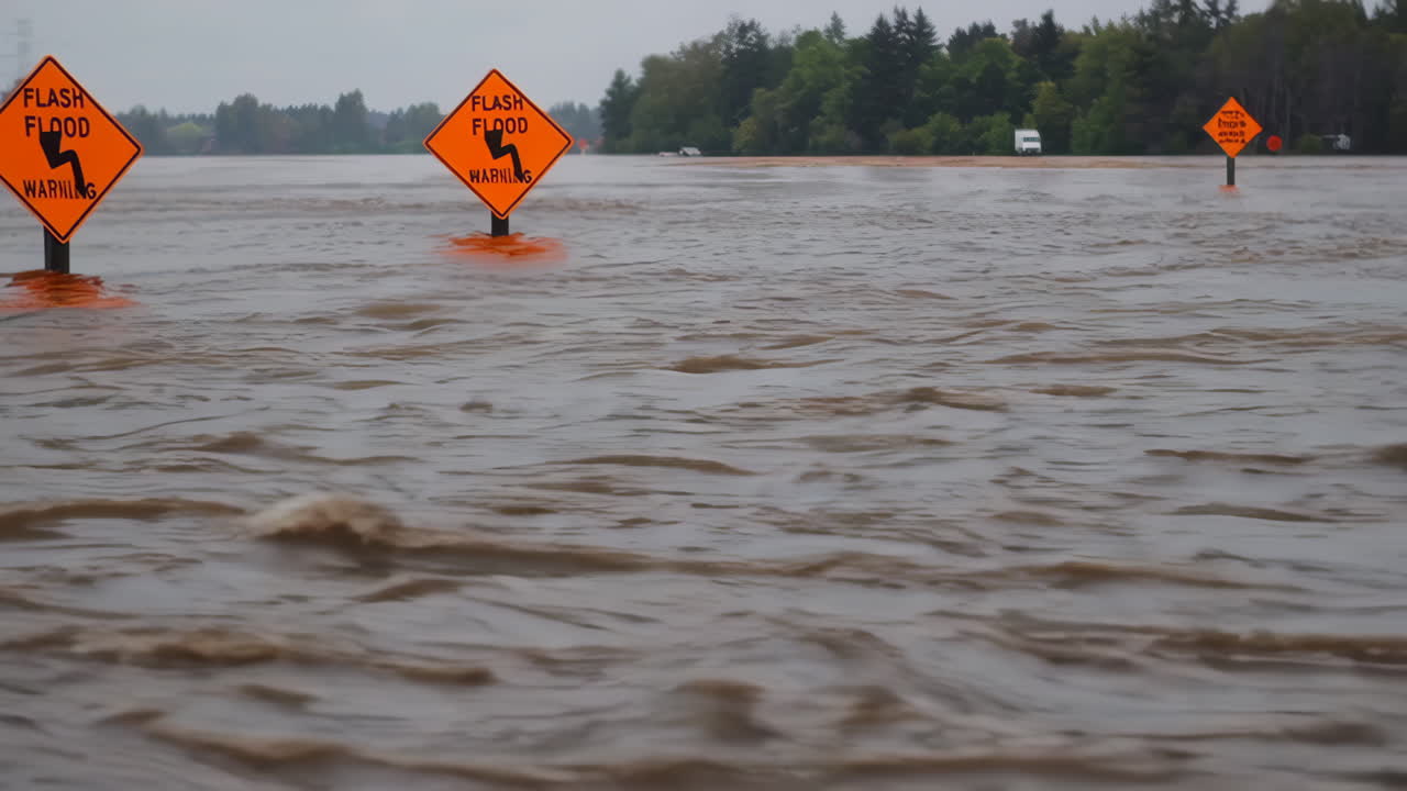 Carretera inundada con señales de advertencia de inundación repentina