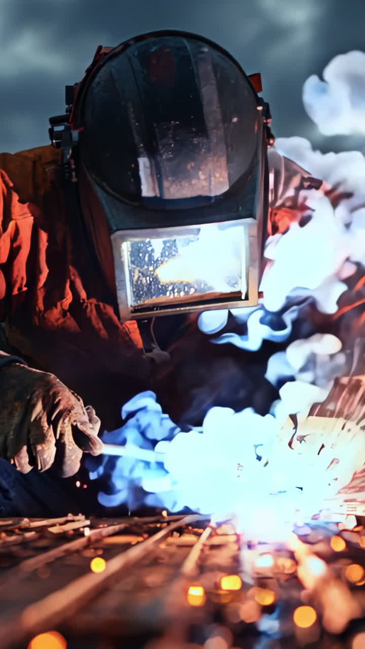 A man in a protective suit is working on a piece of machinery. The scene is set in a factory with a lot of sparks flying around. The man is focused on his work