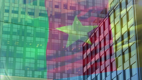 chinese flag overlay animating over flat-design glass towers, showing green and red grid patterns
