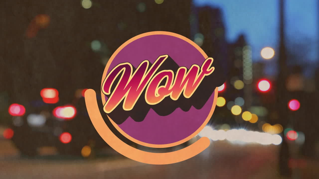 animación de wow texto y patrón más fuera de enfoque luces de la ciudad
