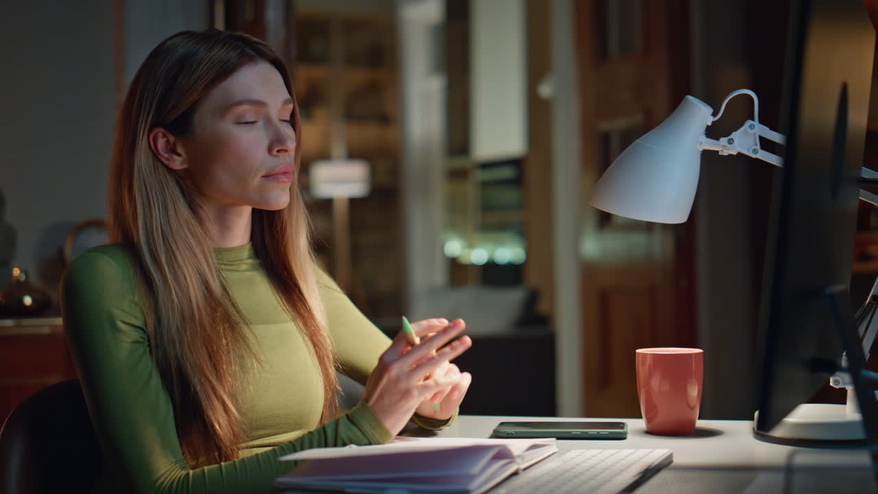 Serious freelancer making notes looking computer screen late evening close up.