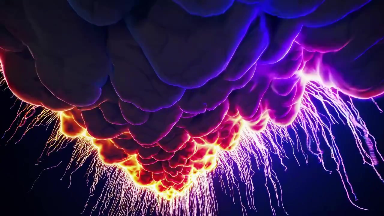 Abstract 3D Animation of Glowing Energy Cloud with Particle Trails