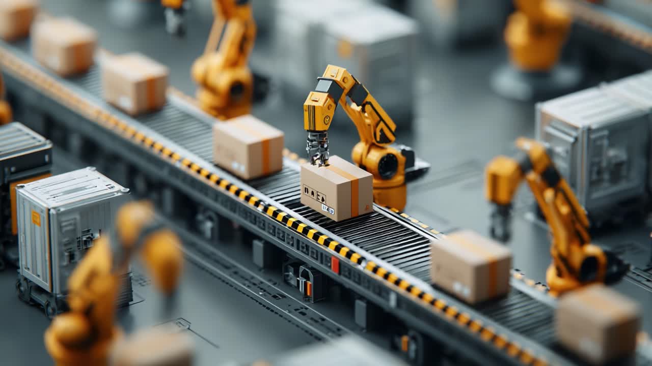 Automated Warehouse System in Action: Robotic Arms Efficiently Handling Packages and Streamlining the Sorting Process on a Conveyor Belt