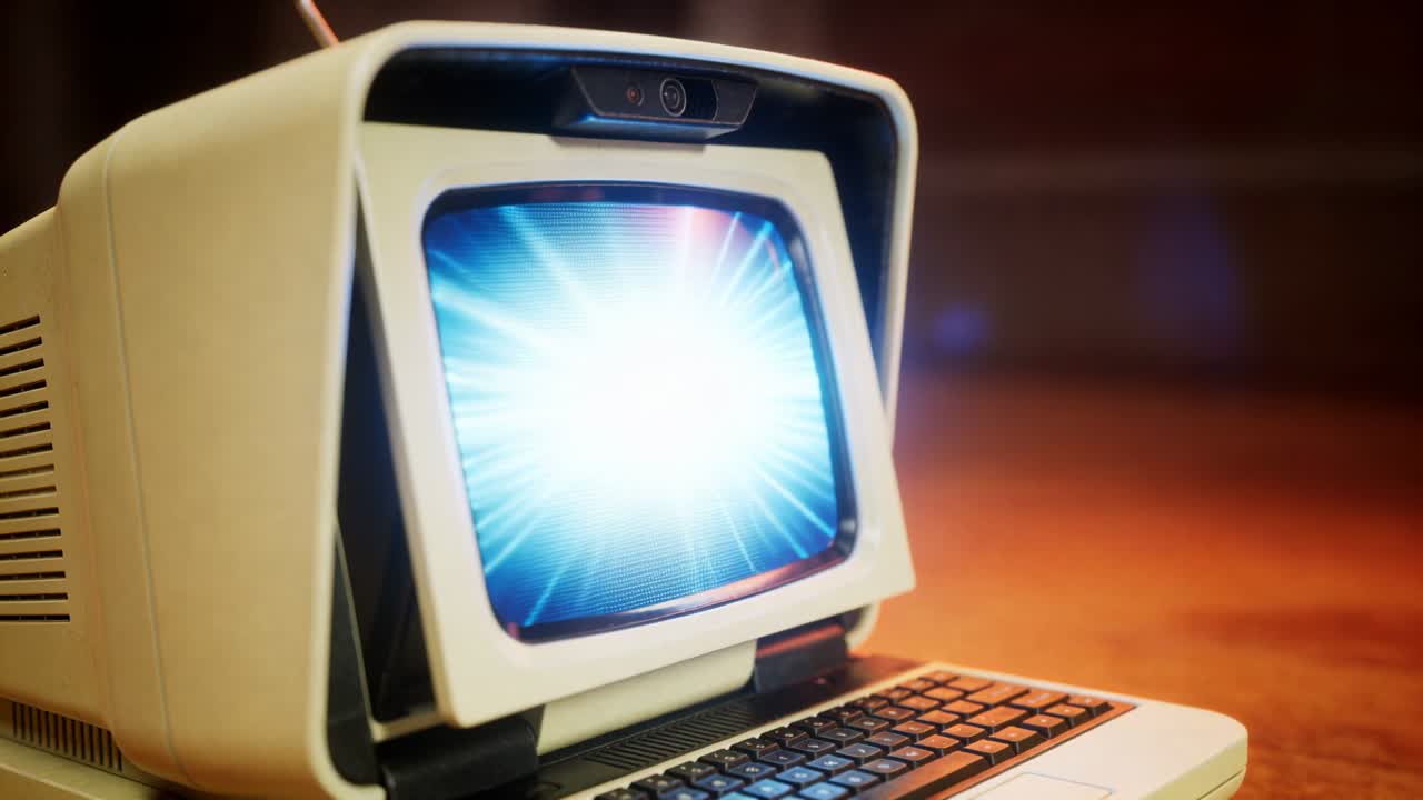 Showing retro computer and keyboard on wood desk, burst appearing and growing on screen with camera