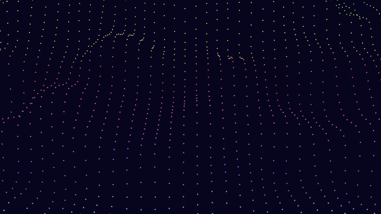 Animated field of luminous dots forming flowing waves on a dark background, ideal for technology, data visualization, digital network, and futuristic motion design