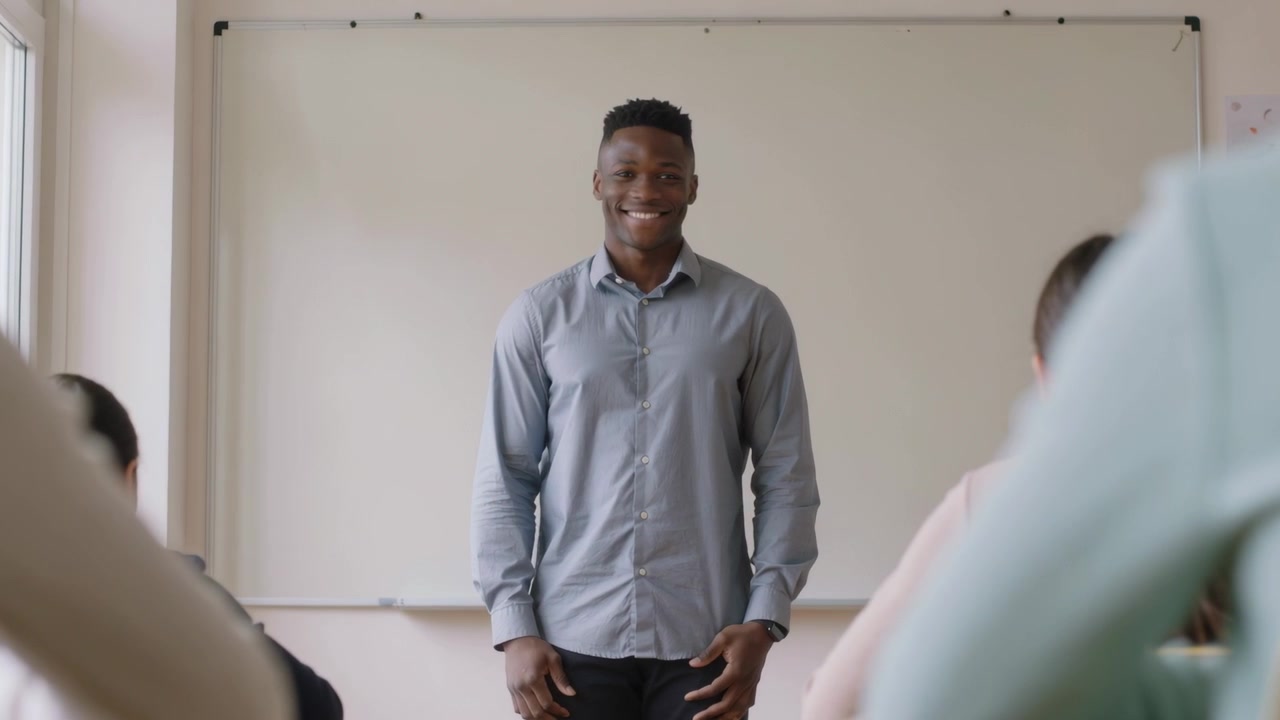 Raising hand, presenter in grey shirt teaching class at front by whiteboard, showing watch